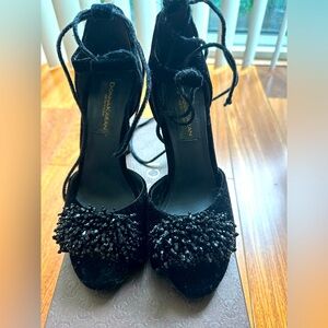 Black lace up velvet jeweled Donna Karen NY heels